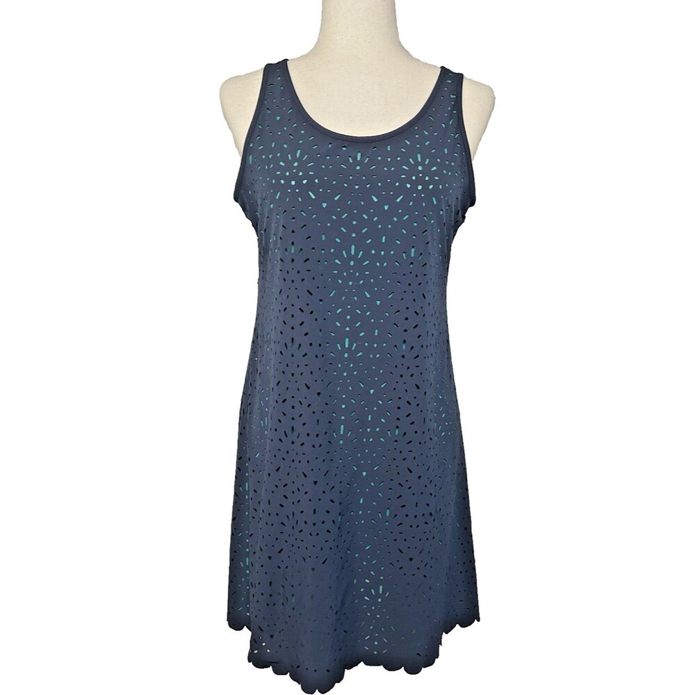 Title Nine Navy Sleeveless Laser-Cut Dress with Teal Underlay Small